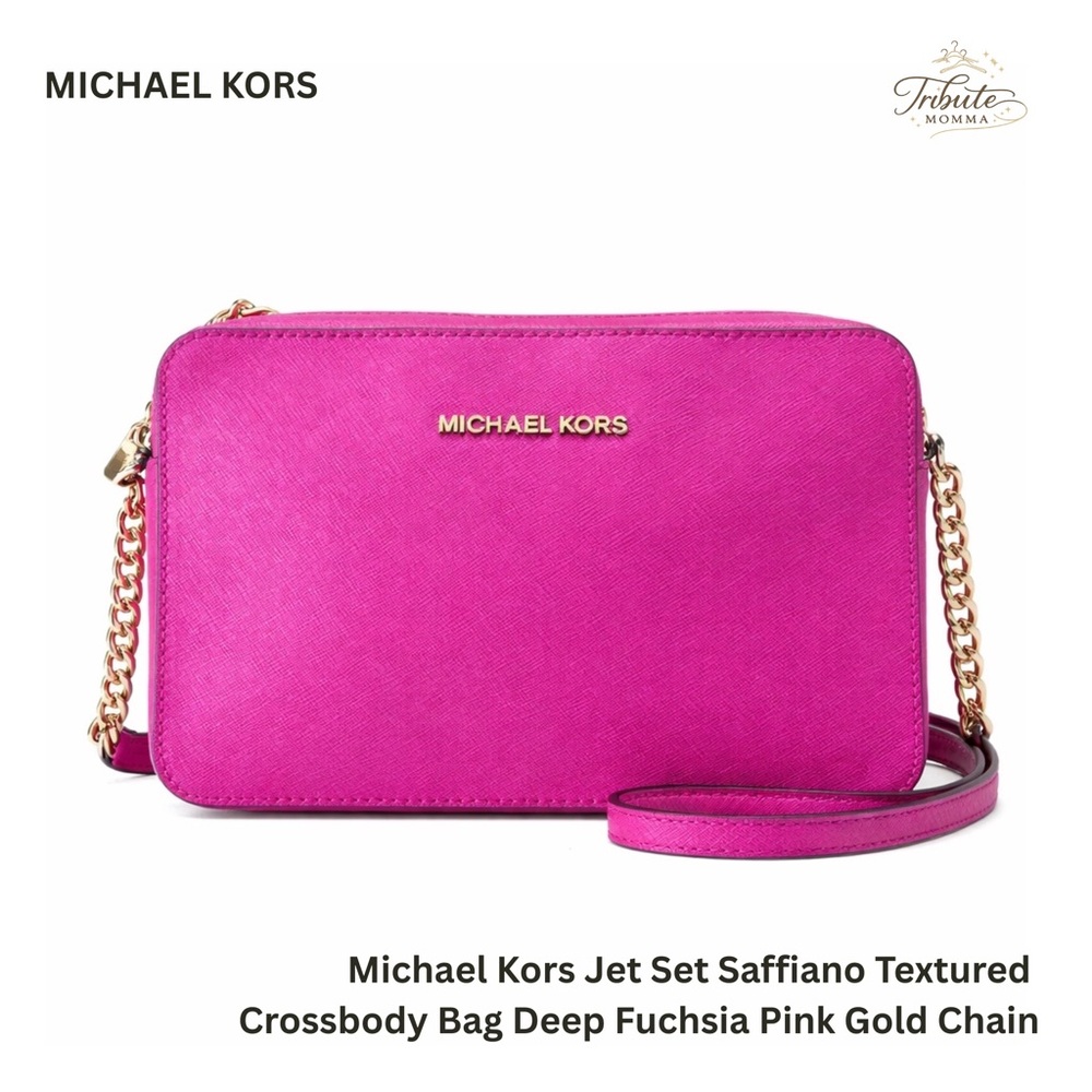 Michael Kors Jet Set Saffiano Textured Crossbody Bag Fuchsia Pink Gold Chain